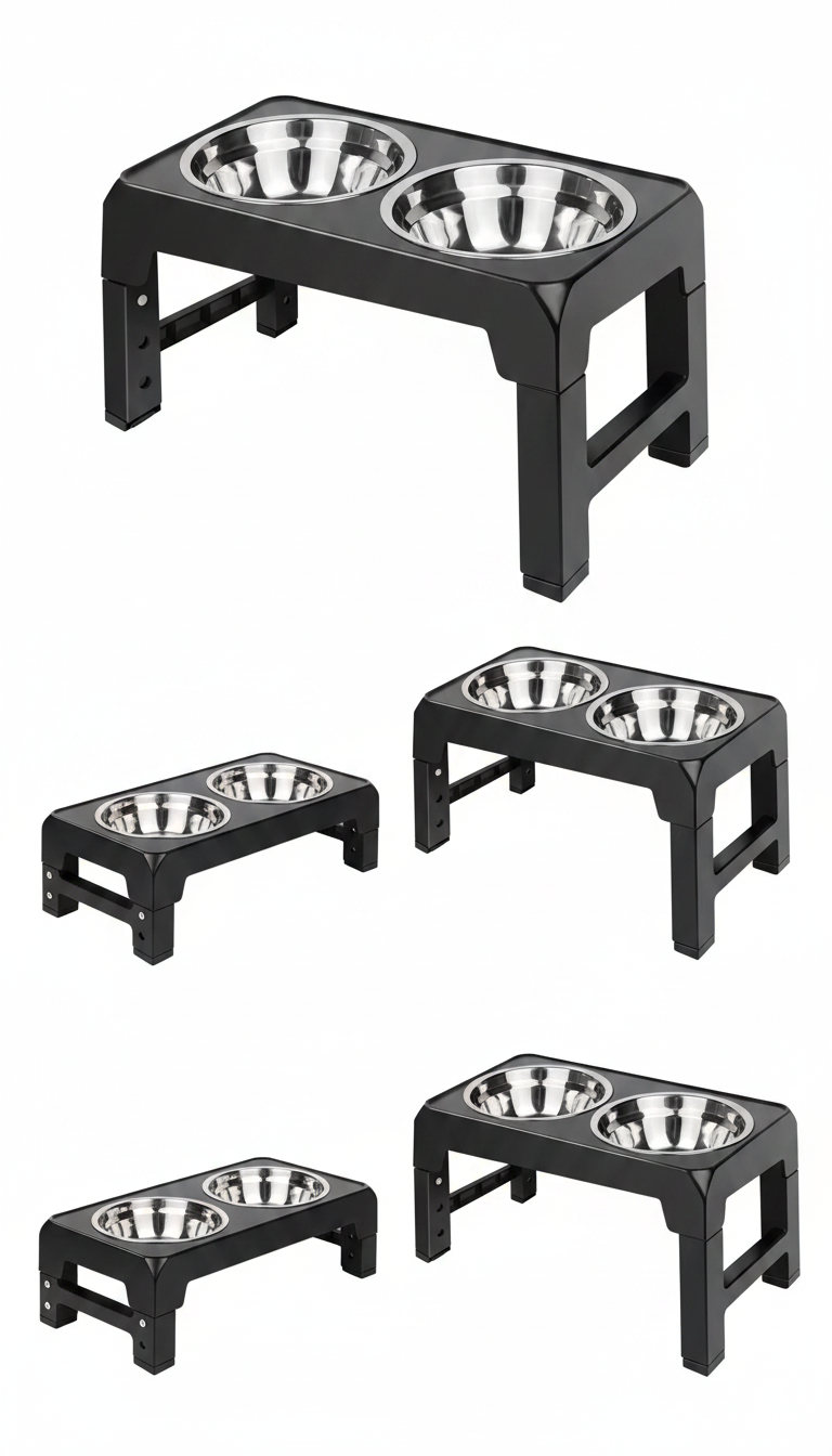 Raised Dog Bowl Stand - 4 Height Adjustable with Stainless Steel Food & Water Bowls
